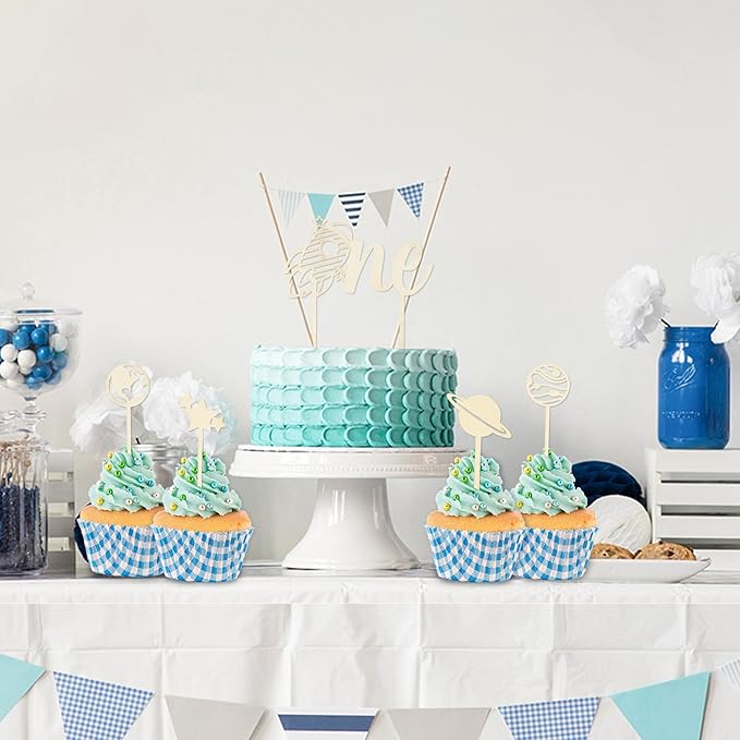 Birthday Cupcake Toppers Decorations - 5 Pcs Outer Space Wood ONE Cake Toppers Kids' 1st Birthday Baby Shower Party Cake Toppers Glitter Star Planet Cake Picks Decorations Featuring Food Safe