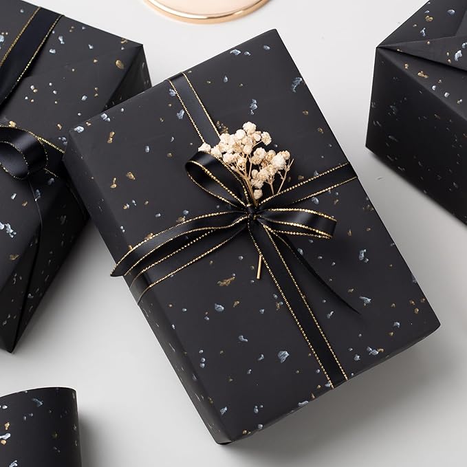 MAYPLUSS Wrapping Paper Roll - 17in x 16.5Ft - Luxury Thick Black Gold Foil Flakes Marvelous Satin Texture Matte Gift Wrap Paper for Birthdays, Anniversaries, Christmas, Father's Day