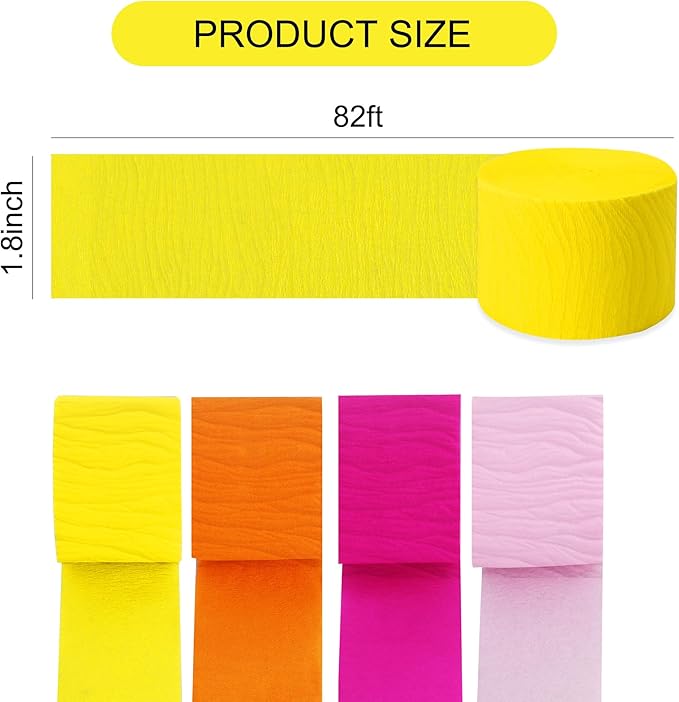 BEISHIDA 8 Rolls Yellow Orange and Pink Crepe Paper Streamers for Hippie Retro Boho Theme Party Decorations Wedding Birthday Baby Shower DIY Craft Paper(1.8 Inch x 82 Ft/Roll)
