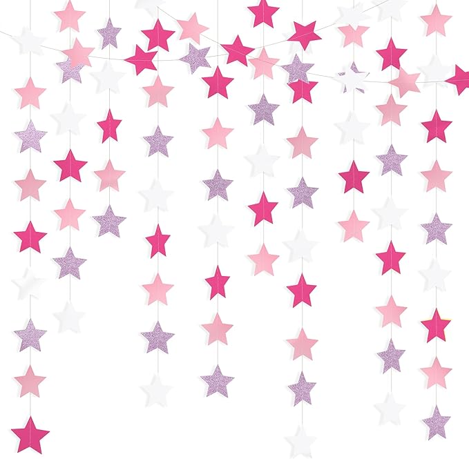 Glitter Pink, Rose Red & Pink White Iridescent Star Garland 90FT, 240pcs Hanging Glitter Star Banner Backdrop for Birthday, Baby Shower, Wedding & Christmas Party Decorations (6 Packs)