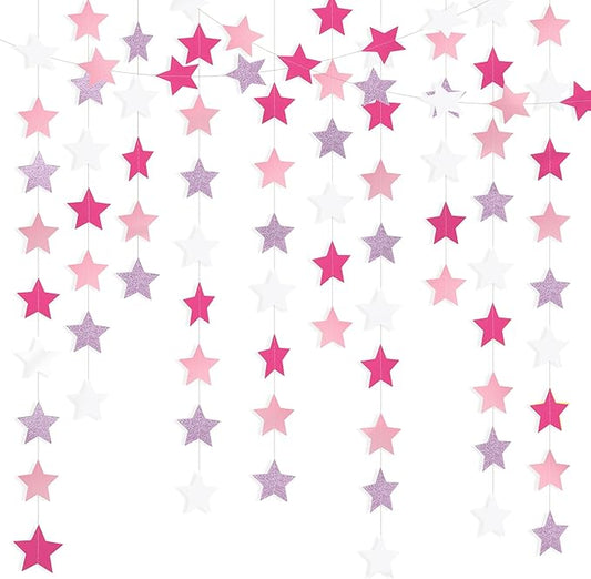 Glitter Pink, Rose Red & Pink White Iridescent Star Garland 90FT, 240pcs Hanging Glitter Star Banner Backdrop for Birthday, Baby Shower, Wedding & Christmas Party Decorations (6 Packs)