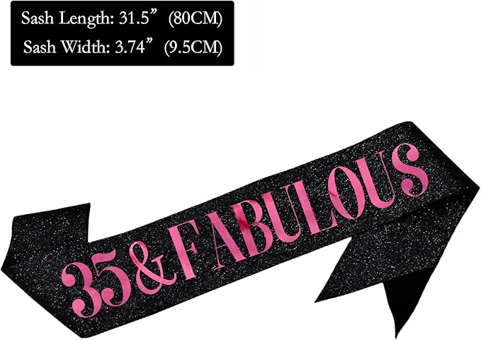 35 & Fabulous Sash, Funny 35th Birthday Sash for Women 35th Bday Party Photo Prop Favors Suppiles, Pink Foil Letter, Glitter Black