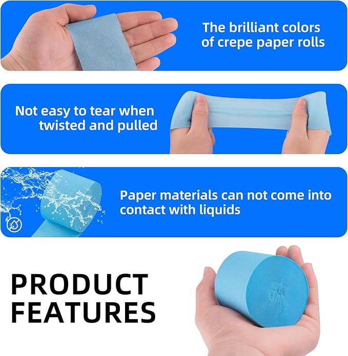 Oun Nana Blue Streamers Crepe Paper 6 Rolls, 2.2" x 123 Ft, Birthday Party Streamers Decorations for Gender Reveal Baby Shower Bachelorette Party Bridal Shower Graduation Wedding Anniversary