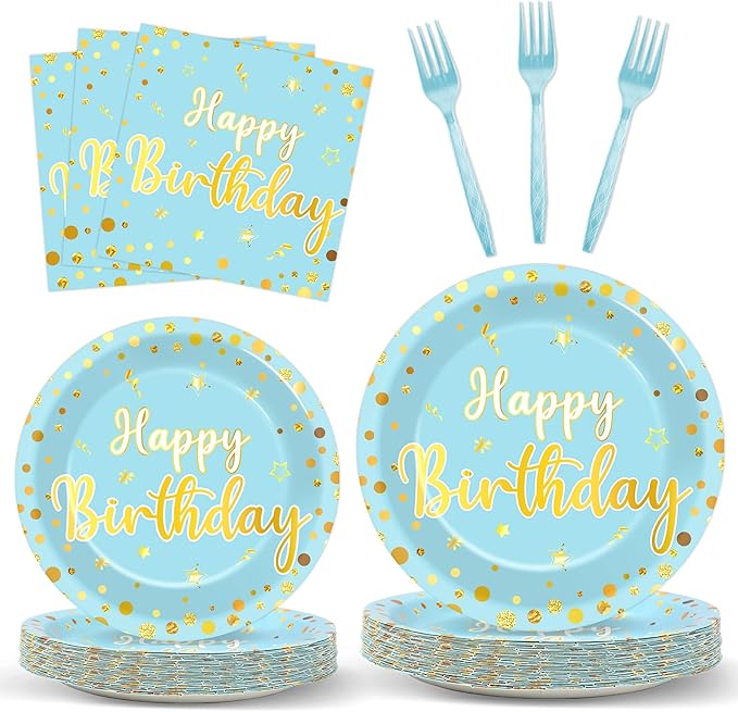 CHUNNIN 96PCS Blue Birthday Plates and Napkins Birthday Party Decorations Light Blue and Gold Dessert Plates Tableware for 24 Guests Kids Party Supplies