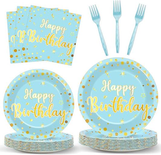 CHUNNIN 96PCS Blue Birthday Plates and Napkins Birthday Party Decorations Light Blue and Gold Dessert Plates Tableware for 24 Guests Kids Party Supplies
