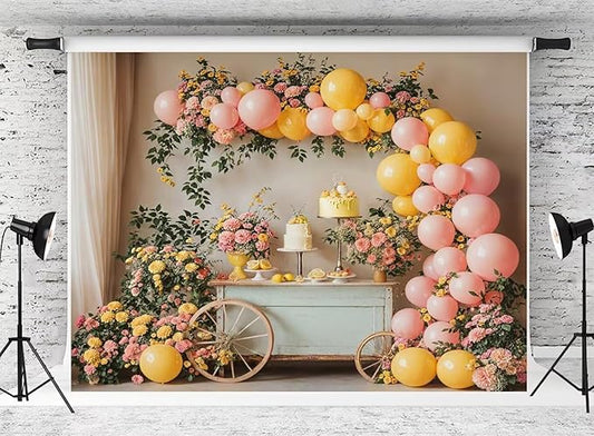 Kate Birthday Photography Backdrop Cake Smash Backgrounds Colorful Floral Balloon Arch Backdrops for 1st Birthday Party,20x10ft