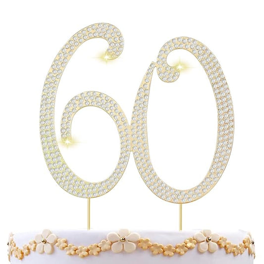 60th Cake Topper Rhinestone Birthday Wedding Anniversary Party Diamond Number Cake Decoration Perfect Keepsake, Gold