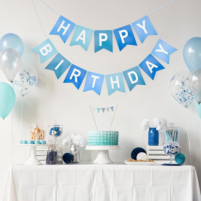 Happy Birthday Banner Birthday Party Banner NO DIY Happy Birthday Sign Pre-Strung Birthday Hanging Decoration for Women Men Girl Boy Party Supplies (Blue)
