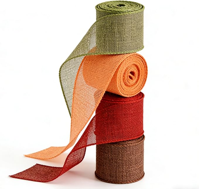 Meseey 2.5 Inch Fall Burlap Wired Ribbon, 20 Yards Total Sage Green/Orange/Brown/Burgundy Plaid Ribbon for Big Bows, Wreaths, Thanksgiving & Halloween Outdoor Decor (FPR009)