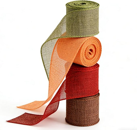 Meseey 2.5 Inch Fall Burlap Wired Ribbon, 20 Yards Total Sage Green/Orange/Brown/Burgundy Plaid Ribbon for Big Bows, Wreaths, Thanksgiving & Halloween Outdoor Decor (FPR009)