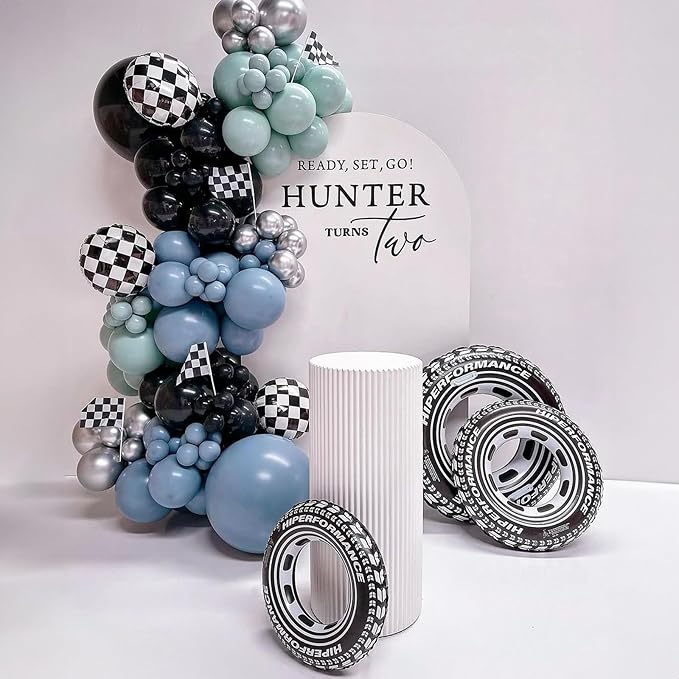 HILAVO Dusty Blue and Black Balloons 60pcs 12 Inch Race Car Slate Light Pale Blue Green Black Metallic Silver Latex Helium Balloon for Boys Race Car Fast Birthday Safari Baby Shower Party Decorations