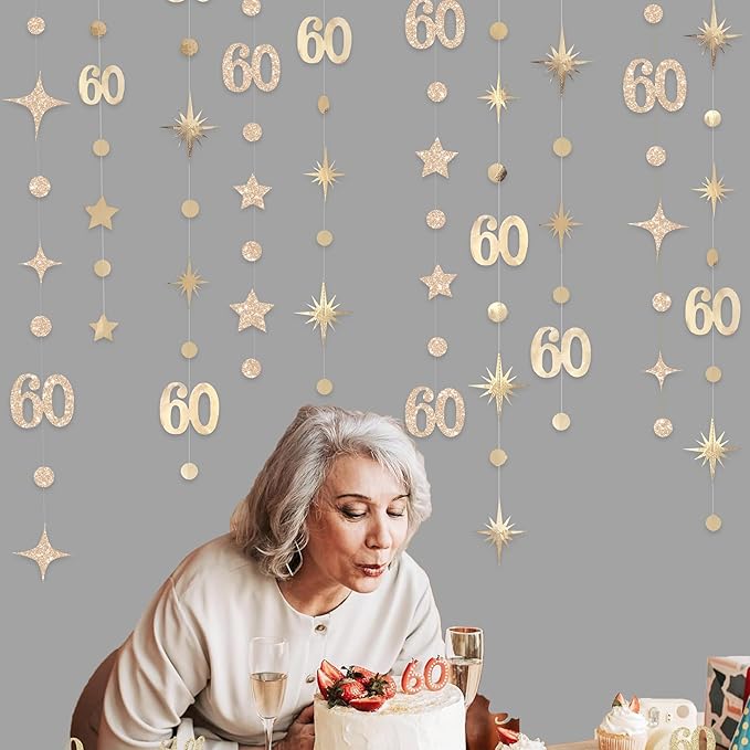 Champagne Gold 60th Birthday Decorations Number 60 Circle Dot Star Garland Metallic Streamer Banner for Women Mens Cheers to 60 Years Old Birthday Happy 60th Anniversary Vintage 1965 Party Supplies