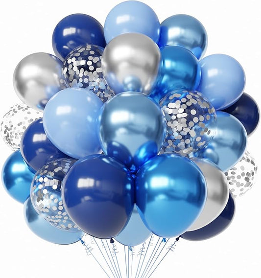 Blue and Silver Latex Balloons, 60pcs 12 Inches Metallic Navy Blue Silver Confetti Balloons with 1 Ribbon for Graduation, Birthday, Baby Shower Party Decorations
