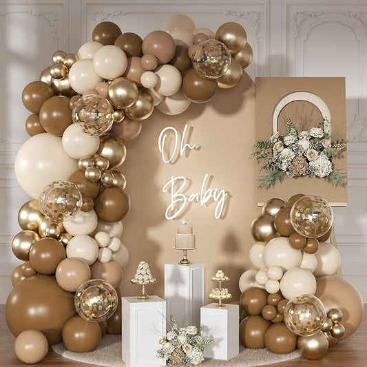 Brown Balloon Garland Arch Kit, 126Pcs Neutral Brown Gold and Sand White Balloons for Birthday Bear themed Baby Shower Bridal Shower Party Decorations