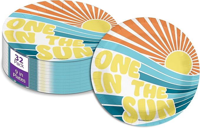 One In the Sun Summer First Birthday - 32 Piece Disposable Party Supplies - Decorations for Boy's 1st Birthday Round Party Plates - Large 9" Paper Plates In Bulk