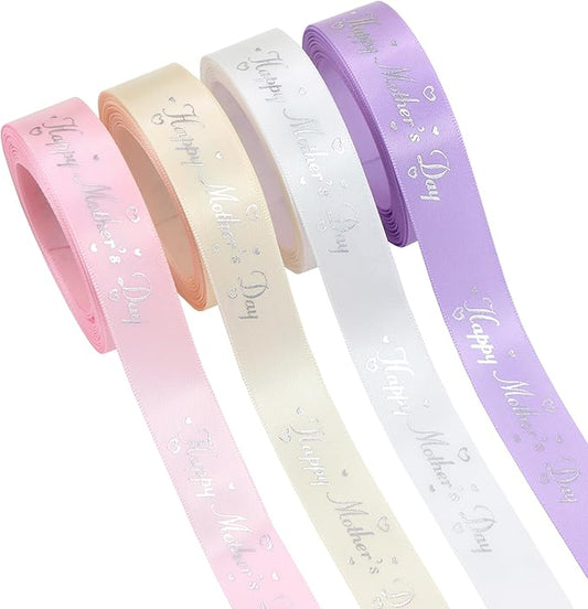 Mother’s Day Ribbon Set – 4 Rolls Satin Gift Ribbons with Gold Foil Letters – 5 Yards Each, 19mm – Happy Mother's Day – Gift Wrap, Crafting, DIY Decoration (4)