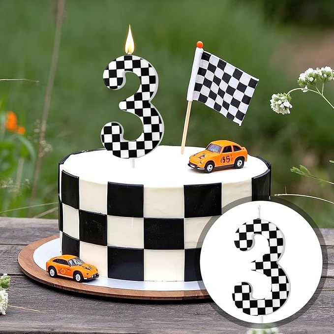 Racing Cars Themed Birthday Candle, Checkered Flag Number Candles Black and White Candles Happy Birthday Cake Topper Party Decorations for Boys Racing Cars Themed Party Supplies (Number 3)