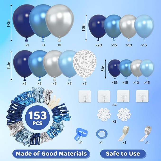 Amandir 153pcs Blue and Silver Balloon Garland Arch Kit, Different Sizes 18 12 10 5 inch Royal Navy Blue Latex Metallic Confetti Balloons for Graduation Wedding Shower Birthday Party Decorations