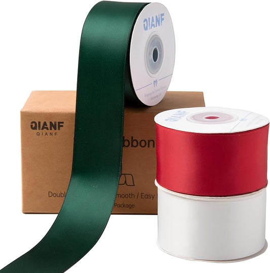 QIANF Red/Dark Green/White Double Face Satin Ribbon 1-1/2 Inch x 45 Yards Fabric Ribbon for Gift Wrapping, Flower Bouquets, Hair Bows Making, Wedding Decoration, Christmas (3 Rolls *15Yd)
