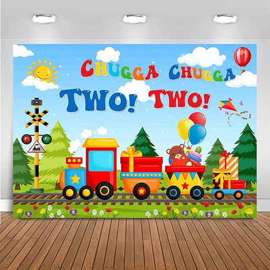 Mocscika Chugga Chugga Two Two Backdrop Red Train Theme 2nd Birthday Party Decorations Happy Second Birthday Cake Table Banner for Photography (Colorful, 10x7ft(120''x82''))