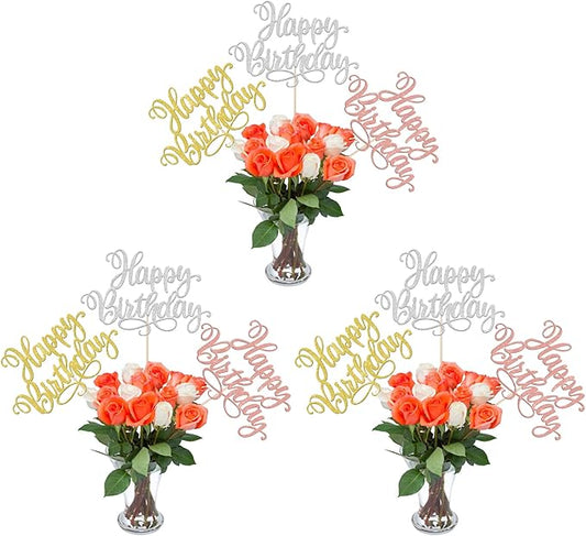 12 PCS Happy Birthday Centerpieces Sticks Double Sided Glitter Birthday Party Decorations Anniversary Table Flower Centerpiece for Celebrating Birthday Party Centerpieces Supplies Multi 4 Colors