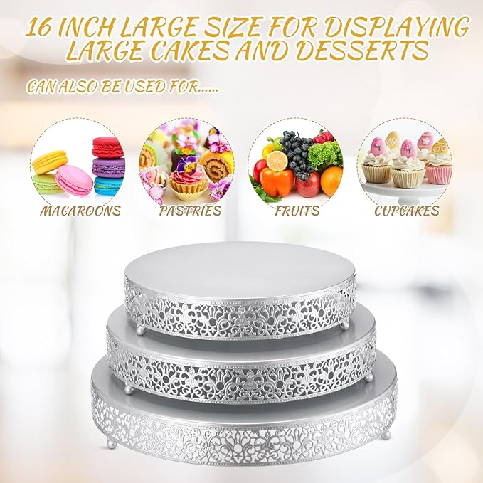 Wenqik 3 Pcs 16'' 14'' 12'' Metal Silver Cake Stand Round Cake Stands for Dessert Table Cookies Fruit Serving Tray Cupcake Dessert Pastry Riser for Wedding Birthday Party and Events
