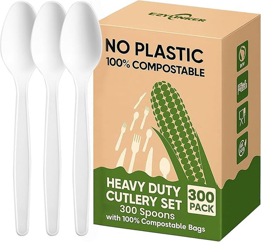 Heavy Duty Compostable Spoons(300Pack), Eco-Friendly Heavyweight No-Plastic Spoon - 100% Disposable Spoons Cornstarch Flatware for Lounge Party Wedding BBQ Picnic Camping