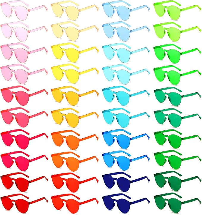 SUNOVELTIES 18/40 Pack Round Shaped Rimless Sunglasses Transparent Candy Color Party Glasses Colored Eyewear for Women