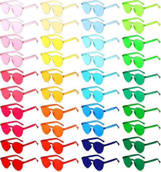 SUNOVELTIES 18/40 Pack Round Shaped Rimless Sunglasses Transparent Candy Color Party Glasses Colored Eyewear for Women