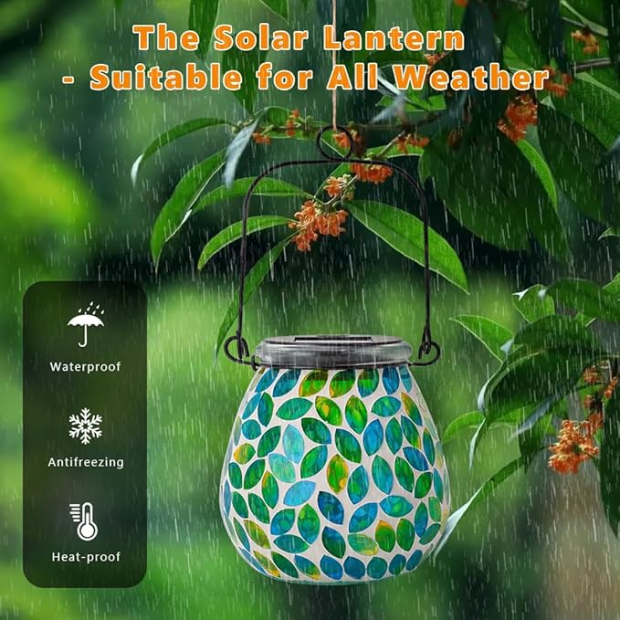 Starsoul 2 Pack Solar Lanterns Outdoor Waterproof, Unique Green Mosaic Glass Solar Garden Lights, Decorative Outdoor Lantern for Outside Patio Pathway Porch Yard Table