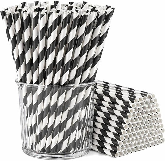 100 Pack Black and White Striped Paper Straws, 7.75 Inch Disposable Straws for Halloween, Birthday Party, Wedding, Gothic Theme, New Year Decorations