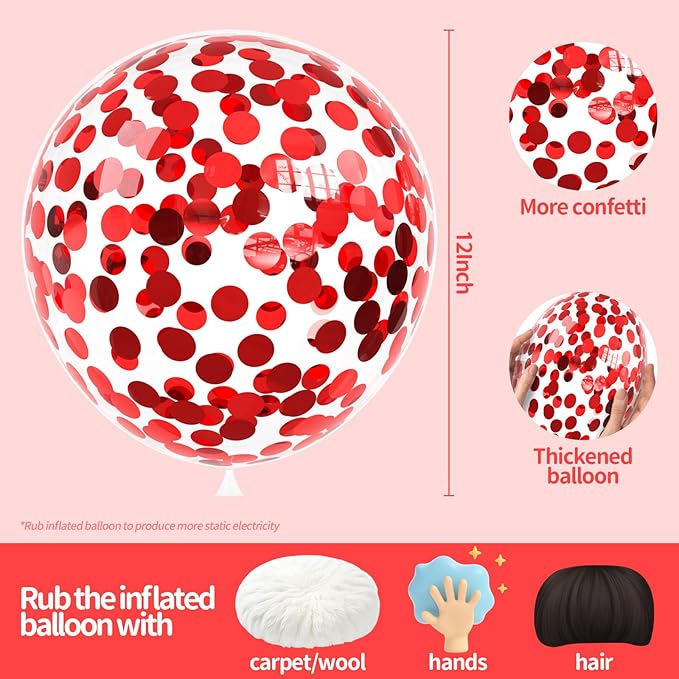 Red Confetti Balloons, 25 Pcs Thickened 12 Inch Clear Latex Balloon with Confetti Inside for Graduation Decorations Engagement Bridal Shower Party Baby Shower Birthday Party Decorations Supplies