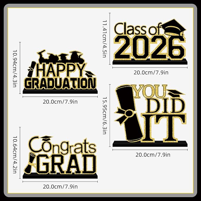 4Pcs Black and Gold Graduation Decorations Class of 2026 Congrats Grad Wooden Table Centerpieces Grad Table Toppers Congratulate Tiered Tray Decor for 2026 Graduation Decorations