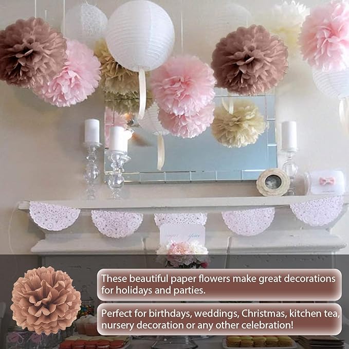 Qimoo 20pcs Coffee Paper Pom Poms Decorations, DIY Decorative Tissue Paper Pom-poms Flowers Ball for Party Wedding Outdoor Decoration