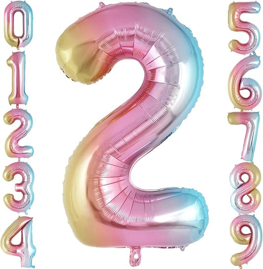 Rainbow Gradient Number 2 Balloon, 40 Inch Big Large Foil Number Balloons, Jumbo Mylar Number 2 Balloons for 2 Second Birthday Party Decorations Supplies Anniversary Celebration