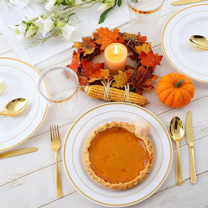 250 Count Gold Disposable Plastic Dinnerware Set, 50 Gold Plastic Plates, 25 Silverware, 25 Cups and Straws, 50 Napkins, Perfect for Wedding Party