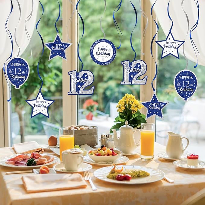 Happy 12th Birthday Blue & Silver Glitter Swirls Streamers Party Decorations - 15 Pcs 12th Birthday Hanging Swirls Streamers Kit,Cheers to Twelve Years Old Bday Party Sign.