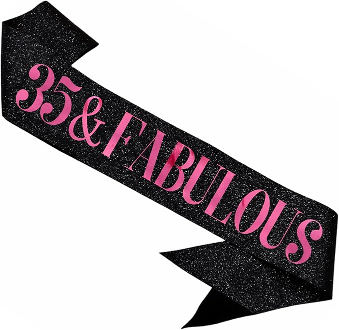 35 & Fabulous Sash, Funny 35th Birthday Sash for Women 35th Bday Party Photo Prop Favors Suppiles, Pink Foil Letter, Glitter Black