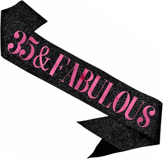 35 & Fabulous Sash, Funny 35th Birthday Sash for Women 35th Bday Party Photo Prop Favors Suppiles, Pink Foil Letter, Glitter Black