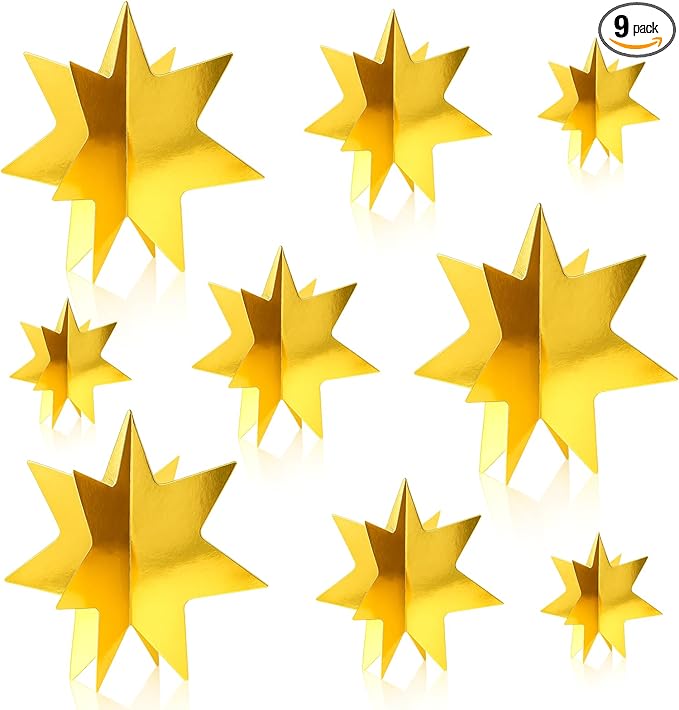 AmazingSpark 9 Pcs Large Star Centerpieces 3D Gold Star Table Decorations in 3 Sizes 10" 8" 6" for Birthday Party Baby Shower Gathering Carnival Ceremony Graduation Movie Night Supplies (Gold)