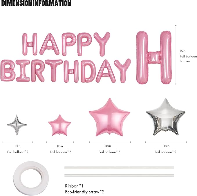 CANREVEL Happy Birthday Banner 13pcs 16 Inch Mylar Foil Letters Sign with 8pcs Star Balloons Birthday Party Decorations for Kids and Adults - 3D Pink
