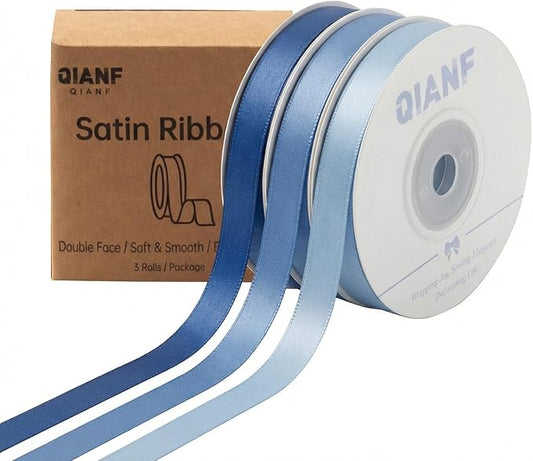 QIANF 3/8 Inch French Blue Double Face Satin Ribbon 45 Yards Light Blue Fabric Ribbon for Gift Wrapping, Flower Bouquets, Hair Bows, Wedding Decoration, Invitation Cards, Christmas (3 Rolls *15Yd)