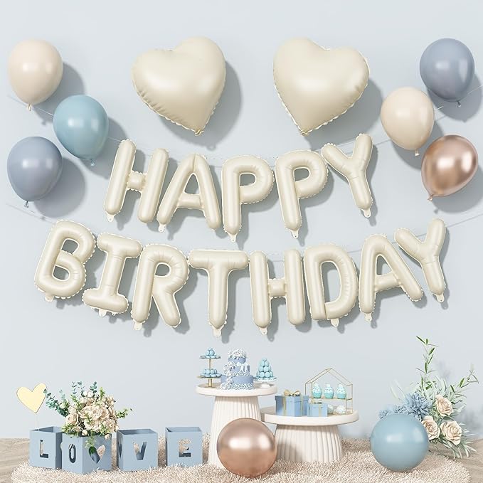 Happy Birthday Balloon Banner Cream Blue, 16 Inch Beige Mylar Letters Heart Foil Dusty Slate Blue White Sand Metallic Champagne Gold Balloons Boho Neutral Birthday Decorations for Girls Women Boy Men