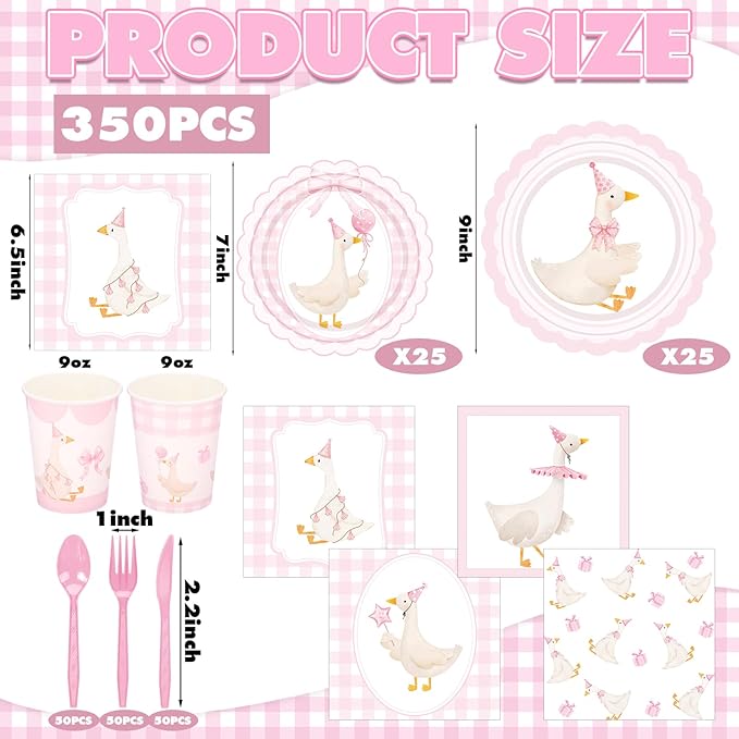 Zhehao 350 Pcs One Silly Goose Birthday Party Tableware Set Scalloped Pink Bow Baby Shower Plates Cup Napkins Forks for Birthday Party Decorations Supplies for 50 Guests