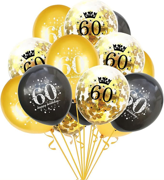 SHUNTAI 60th Birthday Balloons Black and Gold 60th Birthday Decorations for Men Women Latex Confetti Balloon 60 Years Old Anniversary Theme Happy Birthday Party Supplies 15 Pack 12 Inch