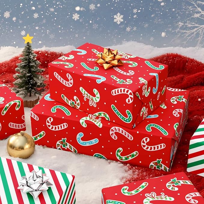 WERNNSAI Candy Cane Christmas Wrapping Paper - 1 Roll 17”x 33 ft Funny Christmas Wrapping Paper Roll Reversible Candy Cane and Stripe Gift Wrap for Xmas Holiday Winter Party Celebration