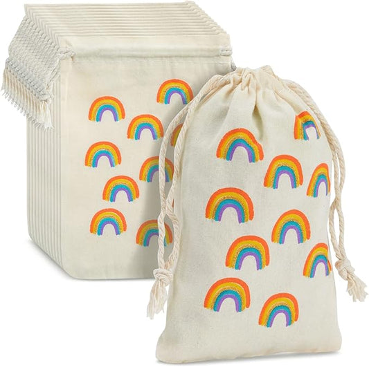 Juvale Rainbow Canvas Bags - 4 x 6 In, Pack of 12 - Mini Canvas Drawstring Bags for Kids & Party Favors - Rainbow Design