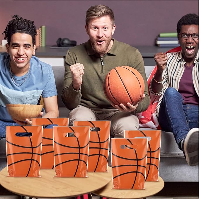50 Pieces Basketball Gift Bags with Handle, Plastic Treat Candy Bag Sport Favor Bags For Kids Birthday Party Decoration Supplies