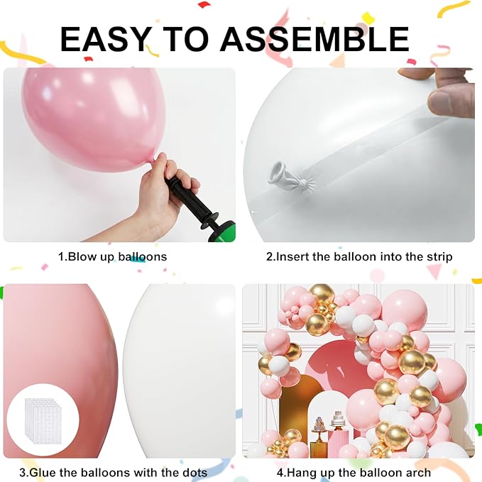 Pink and Gold Balloons Balloons Garland Arch Kit, Pink and White Balloon with Metallic Gold Latex Balloons for Graduation, Wedding, Baby Shower, Engagement, Birthday Party Decorations