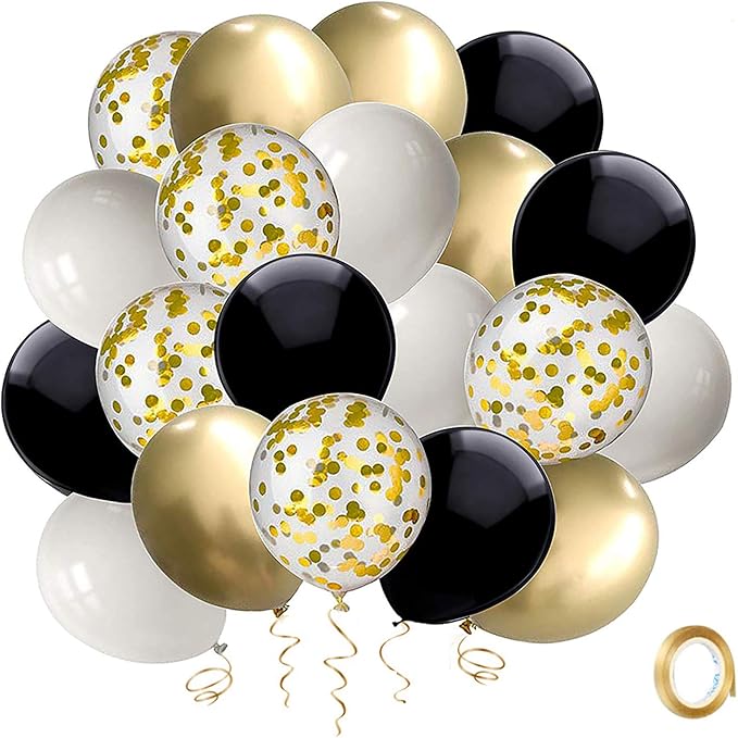 Black and Gold Confetti Balloons, 50 Pack 12inch White Latex Party Balloon Set with Gold Ribbon for New Year Graduation Birthday Baby Shower Decorations
